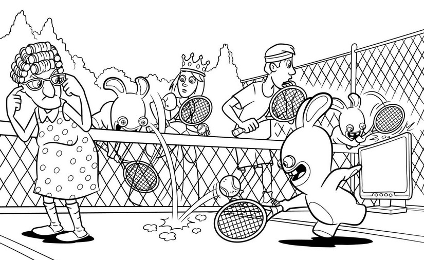 Kleurplaat Raving Rabbids spelen tennis