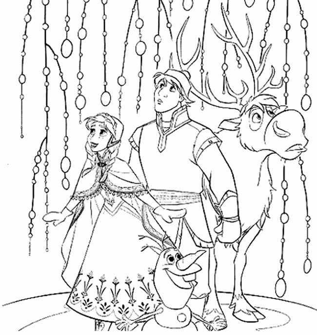 Dibujo para colorear Elsa, Kristoff, Olaf y Sven