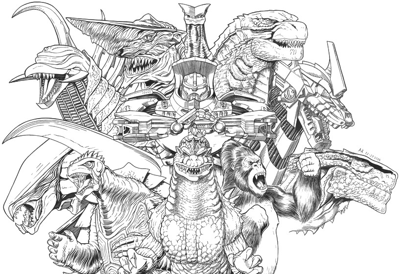 Kleurplaat Godzilla, King Kong en Gamera