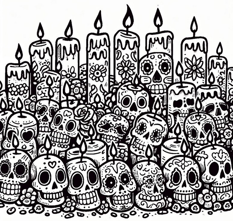 Coloring page Candles and skulls