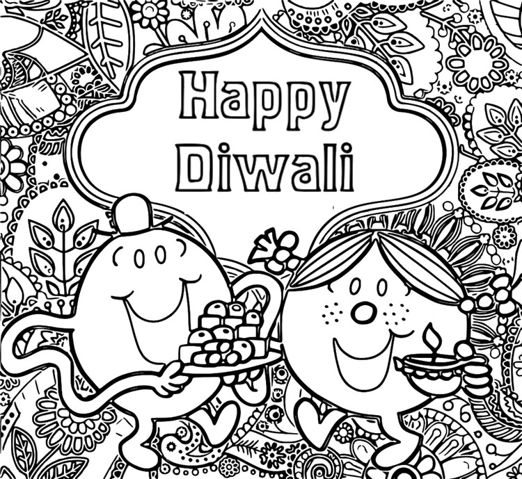 Kleurplaat Mr. Men en Little Miss vieren Diwali
