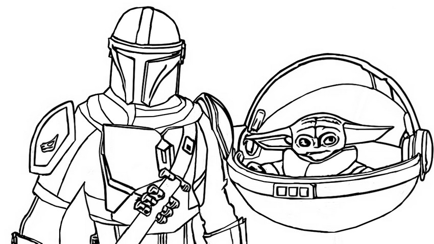 Coloring page Baby Yoda & Mandalorian