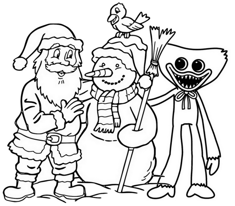 Coloring page Huggy Wuggy, snowman and Santa Claus