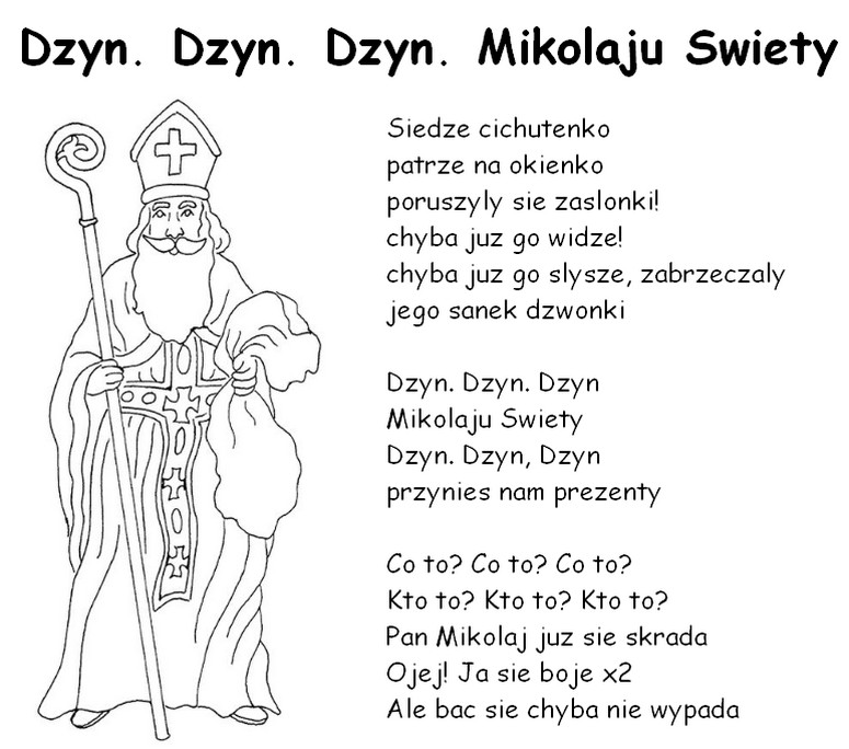 Kleurplaat In het Pools: Dzyń. Dzyń. Dzyń. Mikołaju Święty