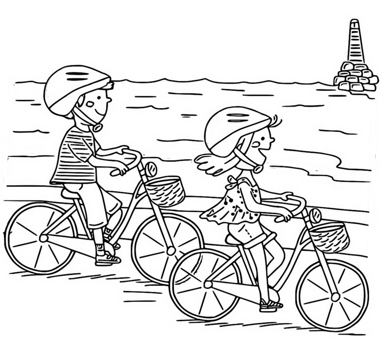 Kleurplaat Met fiets bij zee