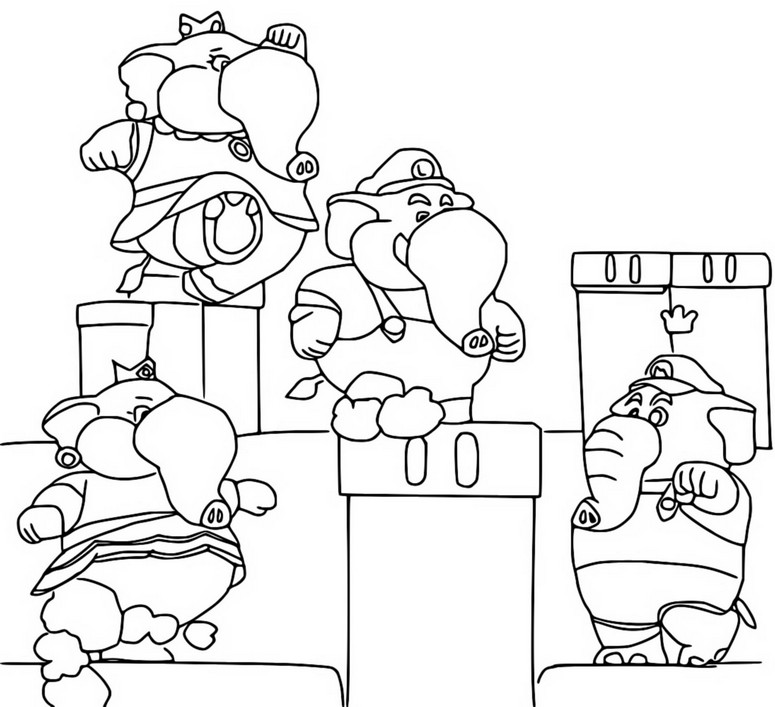 Kleurplaat Mario, Luigi, Daisy, Peach - Olifanten