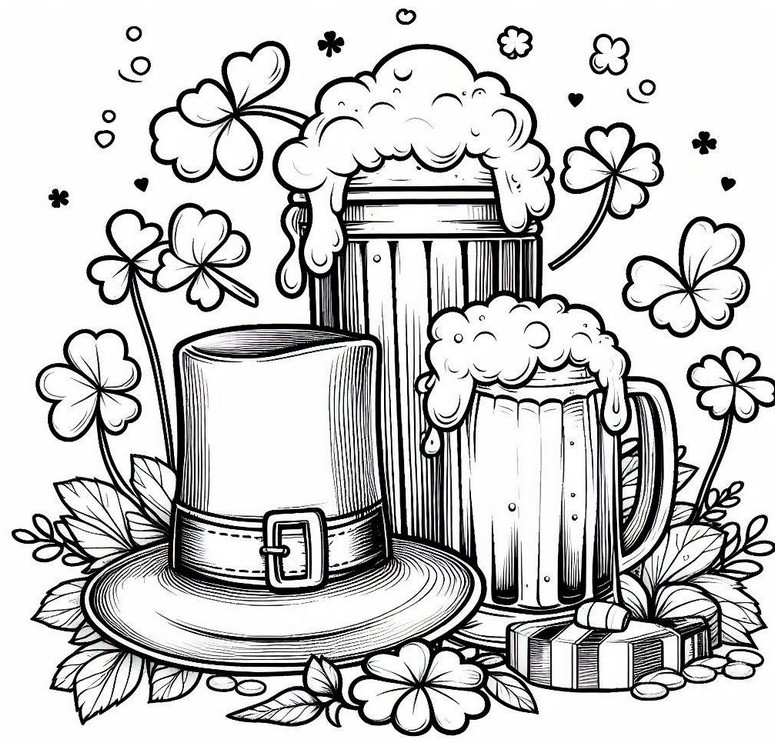 Desenho para colorir Cerveja, chapéu e trevo de quatro folhas