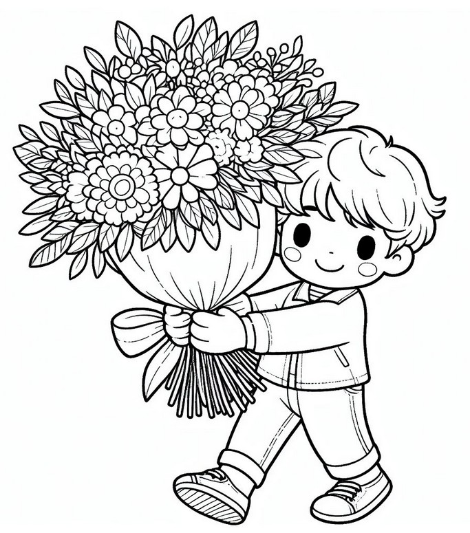 Malvorlagen Junge mit einem Blumenstrauß