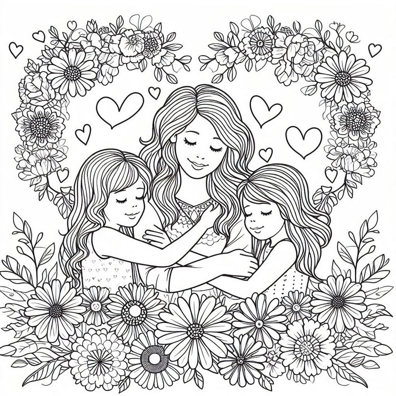 Desenho para colorir Mamãe e suas duas filhas