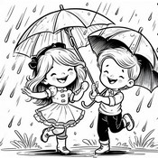 Målarbok Två barn som dansar i regnet