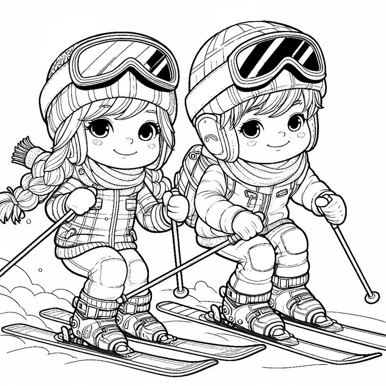 Kleurplaat Ski, kinderen