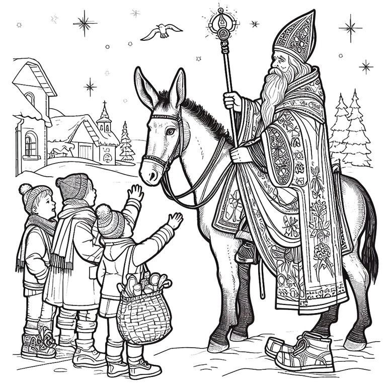 Coloring page Saint Nicholas on his donkey
