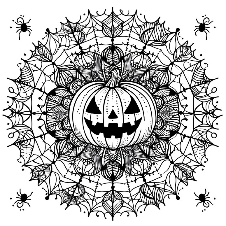 Coloring page Pumpkin and spiders