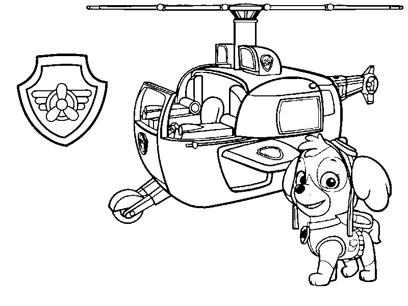 Coloring page Skye, her helicopter and badge
