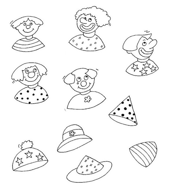 Coloring page Connect every clown with his hat