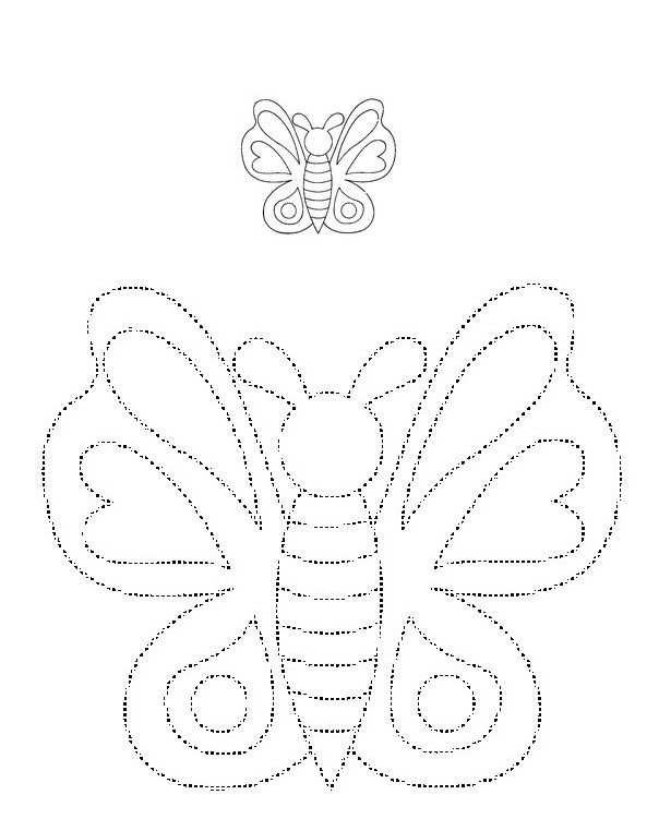 Coloriage Graphisme: Repasse sur les pointillés et colorie le papillon