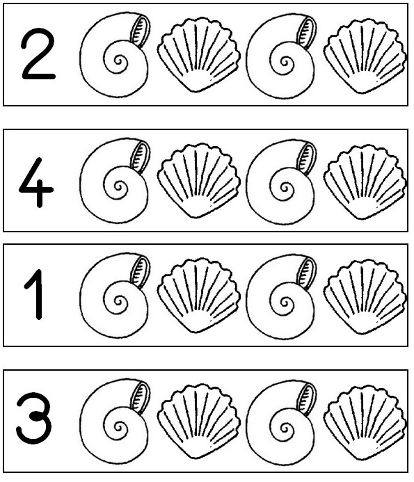 coloring page preschool worksheets summer colour in the indicated number of shells 1 2 3 or 4 2