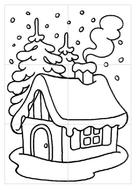 Coloriage Puzzle Chalet sous la neige