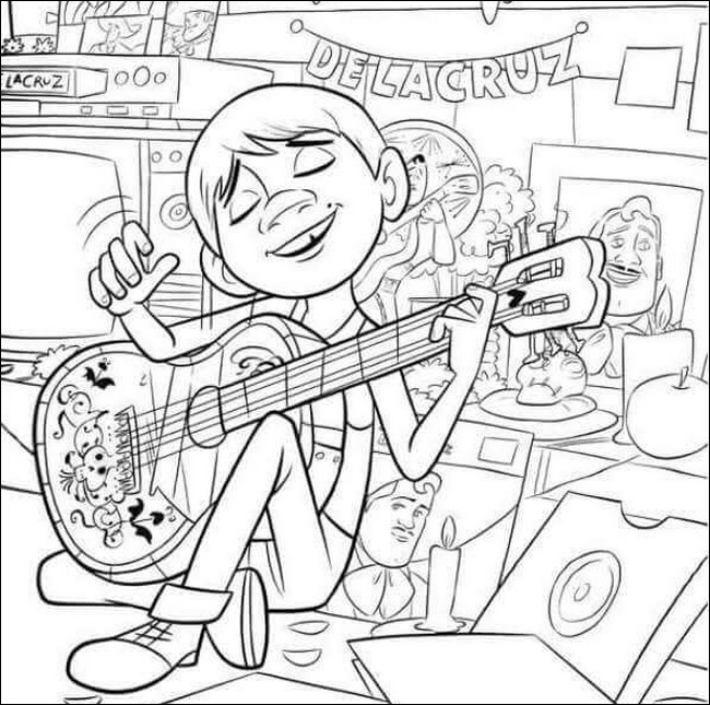Coloring page Miguel play guitar