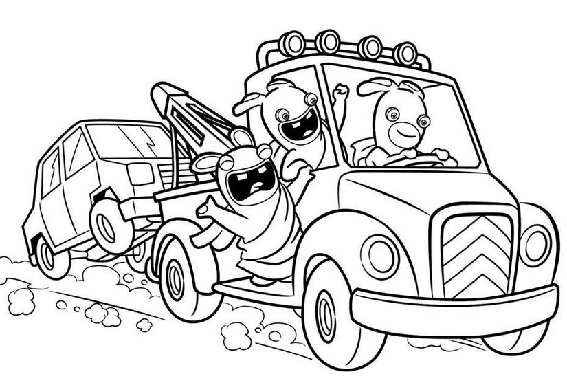 Coloring page Raving Rabbids drive the wrecker