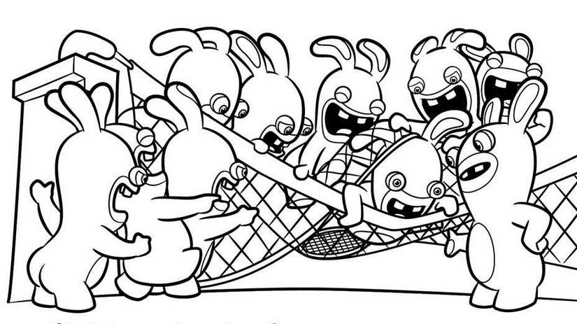 Coloring page Raving Rabbids destroy a tennis net
