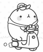Coloring page Molang drives the scooter