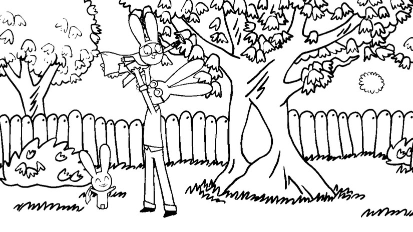 Desenho para colorir Simon brinca no jardim com o pai - Simon Coelhinho