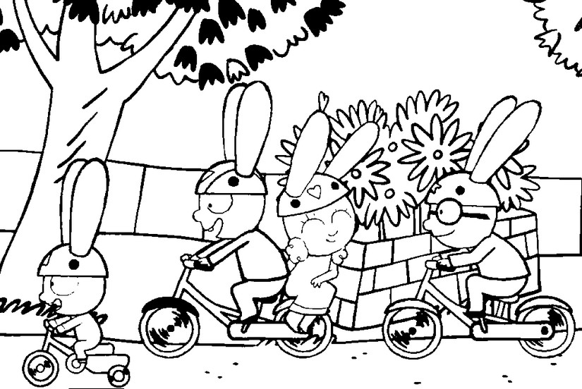 Dibujo para colorear Simon monta su bicicleta con sus amigos - Simon Conejo