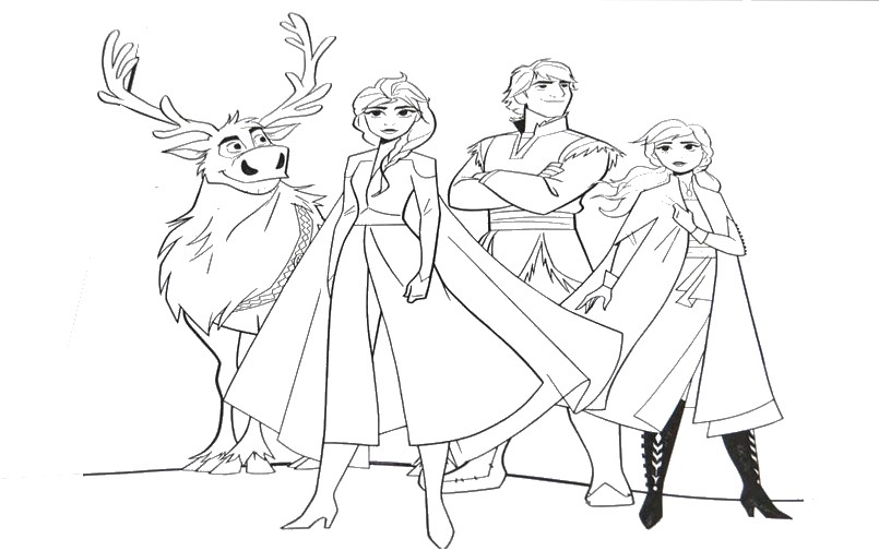 Coloring page Anna, Elsa, Kristoff and Sven - Frozen 2