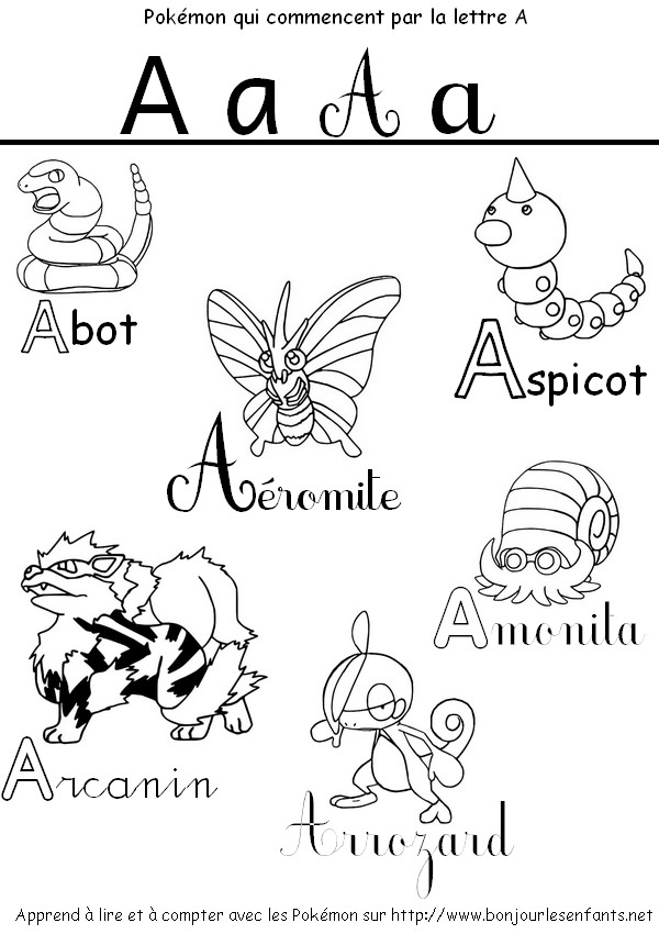 Coloriage Les Pokémon qui commencent par A: Abot, Apsicot, Aéromite, Arcanin,... - J'apprends les lettres de l'alphabet avec les Pokémon