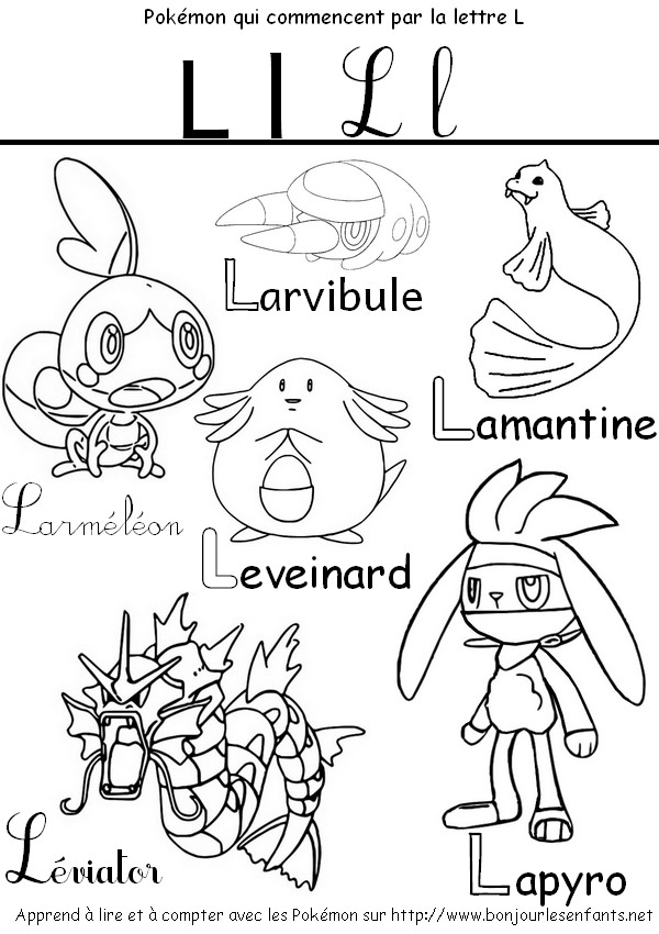 Coloriage Les Pokémon qui commencent par L: Léviator, Leveinard, Lapyro,... - J'apprends les lettres de l'alphabet avec les Pokémon