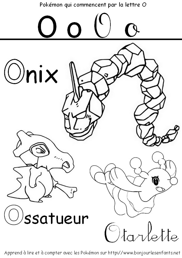 Coloriage Les Pokémon qui commencent par O: Onix, Ossatueur, Otarlette - J'apprends les lettres de l'alphabet avec les Pokémon