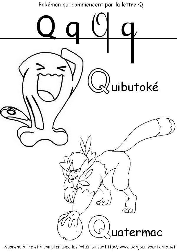 Coloriage Les Pokémon qui commencent par Q: Quibutoké, Quatermac - J'apprends les lettres de l'alphabet avec les Pokémon
