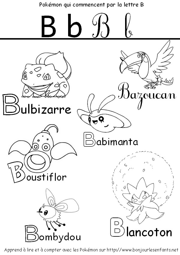 Coloriage Les Pokémon qui commencent par B: Bulbizarre, Bazoucan, Babimonta,... - J'apprends les lettres de l'alphabet avec les Pokémon