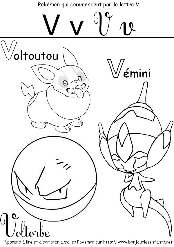 Coloriage Les Pokémon qui commencent par V : Voltoutou, Voltorbe, Vémini - J'apprends les lettres de l'alphabet avec les Pokémon