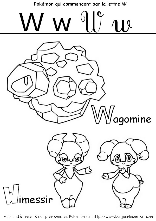 Coloriage Les Pokémon qui commencent par W: Wagomine, Wimessir - J'apprends les lettres de l'alphabet avec les Pokémon
