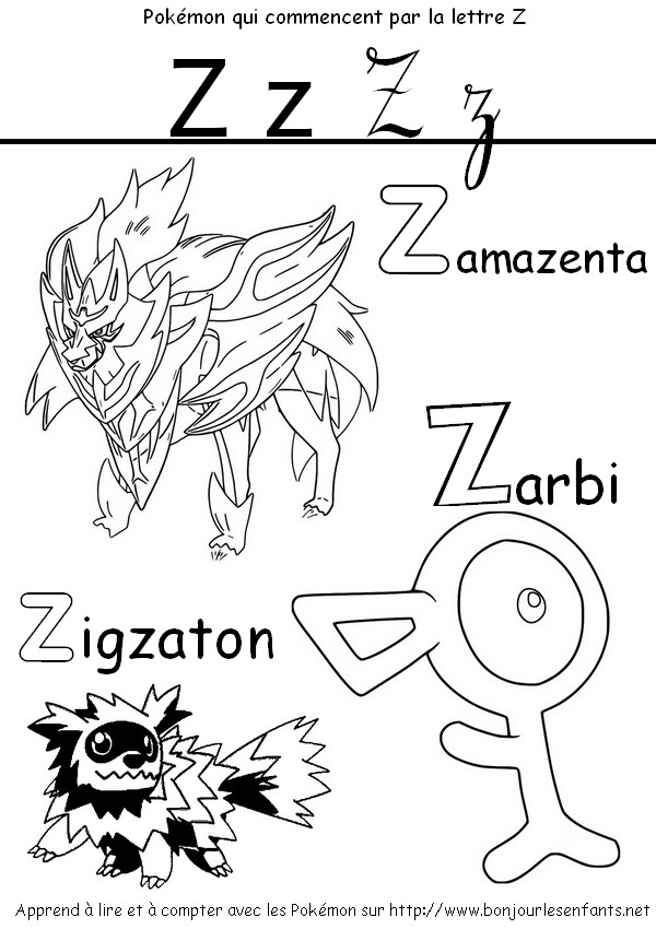 Coloriage Les Pokémon qui commencent par Z: Zamazenta, Zarbi, Zigzaton - J'apprends les lettres de l'alphabet avec les Pokémon