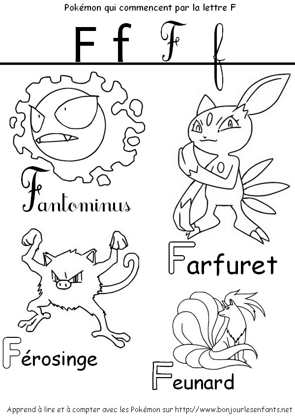 Coloriage Les Pokémon qui commencent par F: Fantominus, Farfuret, Férosing, Feunard - J'apprends les lettres de l'alphabet avec les Pokémon