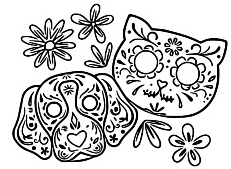 Dibujo para colorear Dia de Muertos : Perro y gato 12