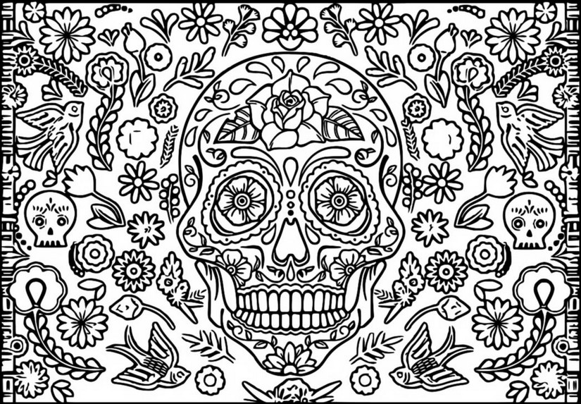 Dibujo para colorear Dia de Muertos : Cráneo, flores y pájaros 5