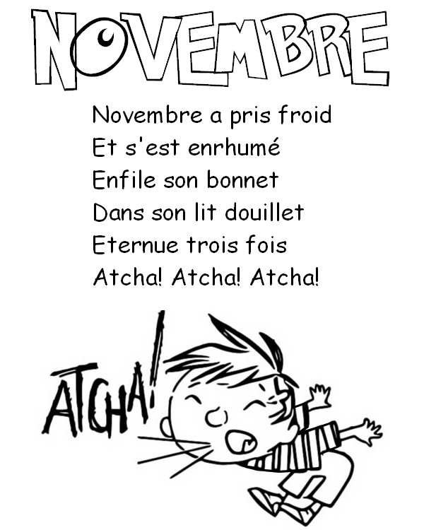 Coloriage Comptine: Novembre a pris froid Et s'est enrhumé Enfile son bonnet