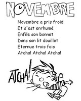 Coloriage Comptine: Novembre a pris froid Et s'est enrhumé Enfile son bonnet