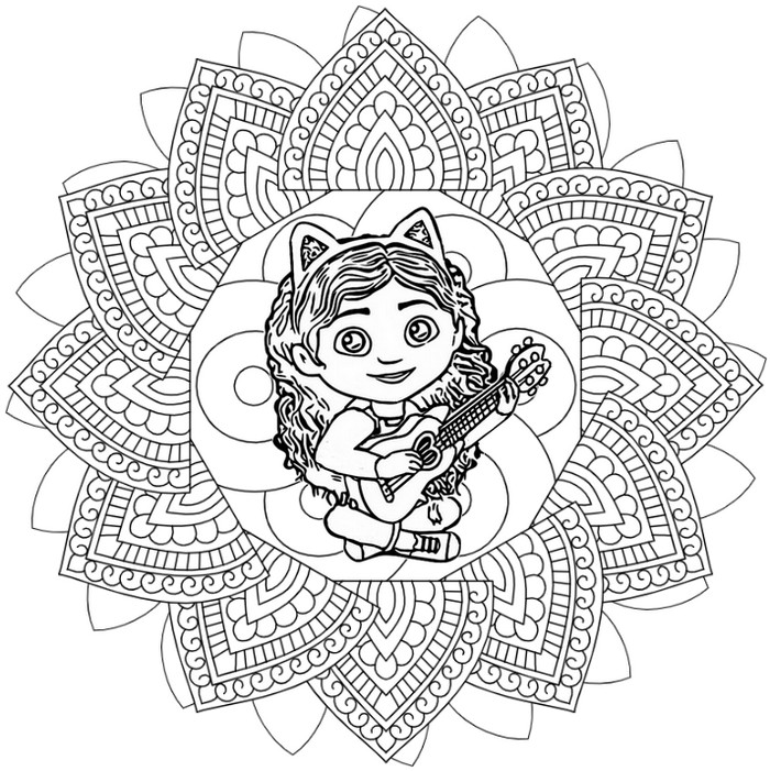 Coloriage Gabby et La Maison Magique Mandalas : Gabby joue de la guitare 7