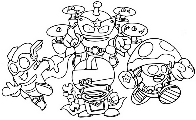Dibujo para colorear El equipo : Mech Fixer, Helix High, Mushrulz, Flashguette - Superthings El combate de Powerbots