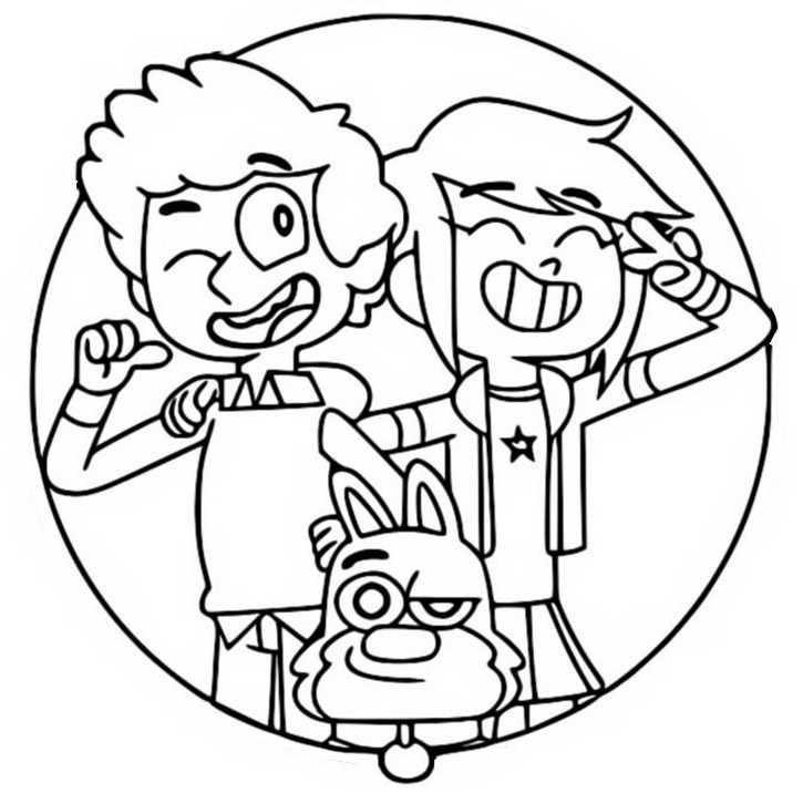 Desenho para colorir A garota, menino e cachorro