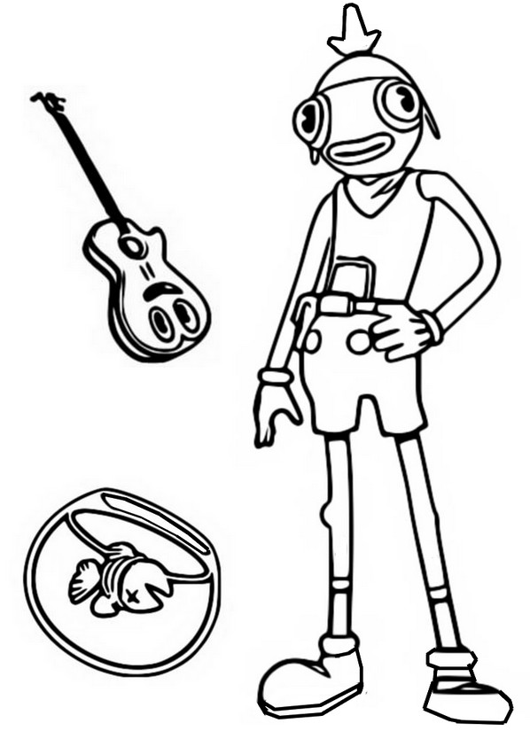 Coloriage Poiscaille Cartoon - Guitare et poisson dans son bocal