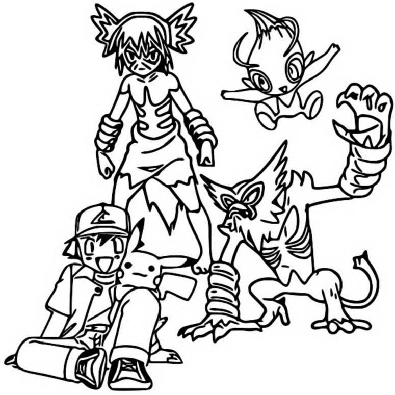 Kolorowanka Ash Ketchum, Pikachu, Koko, Celebi, Zarude