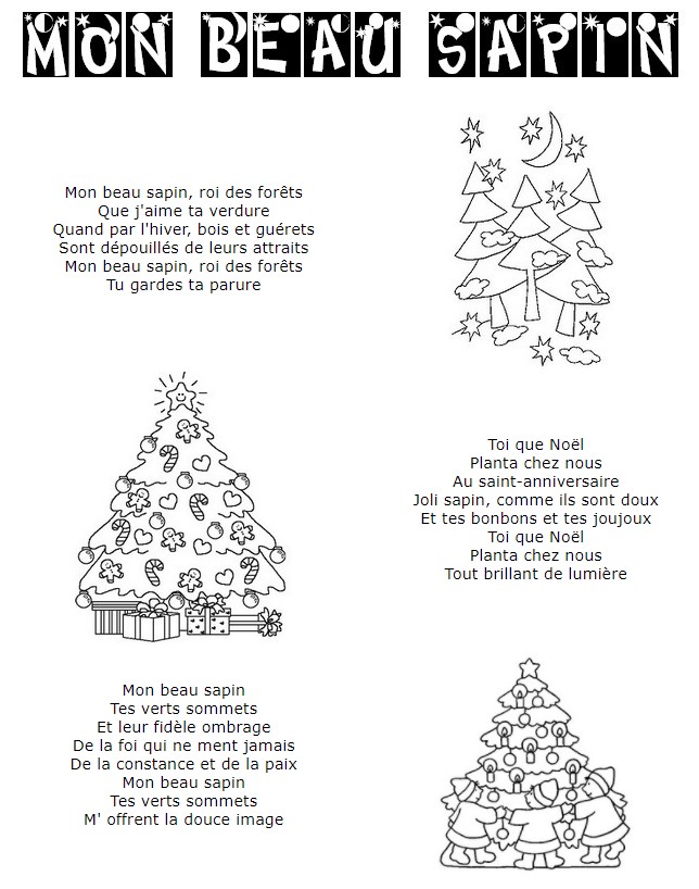 Desenho para colorir Letras em francês: Mon beau sapin - Canção de Natal - Ó Pinheirinho de Natal