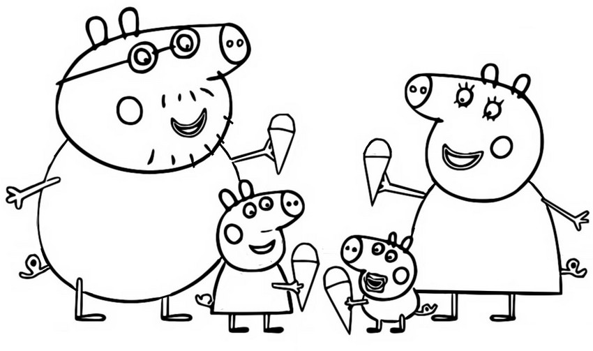 desenhar e colorir Peppa Pig e mamãe e George Pig tomando sorvete