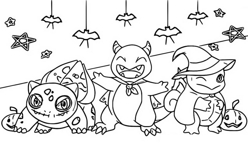 Tulostakaa värityskuvia Bulbasaur, Charmander, Squirtle - Pokémon Halloween